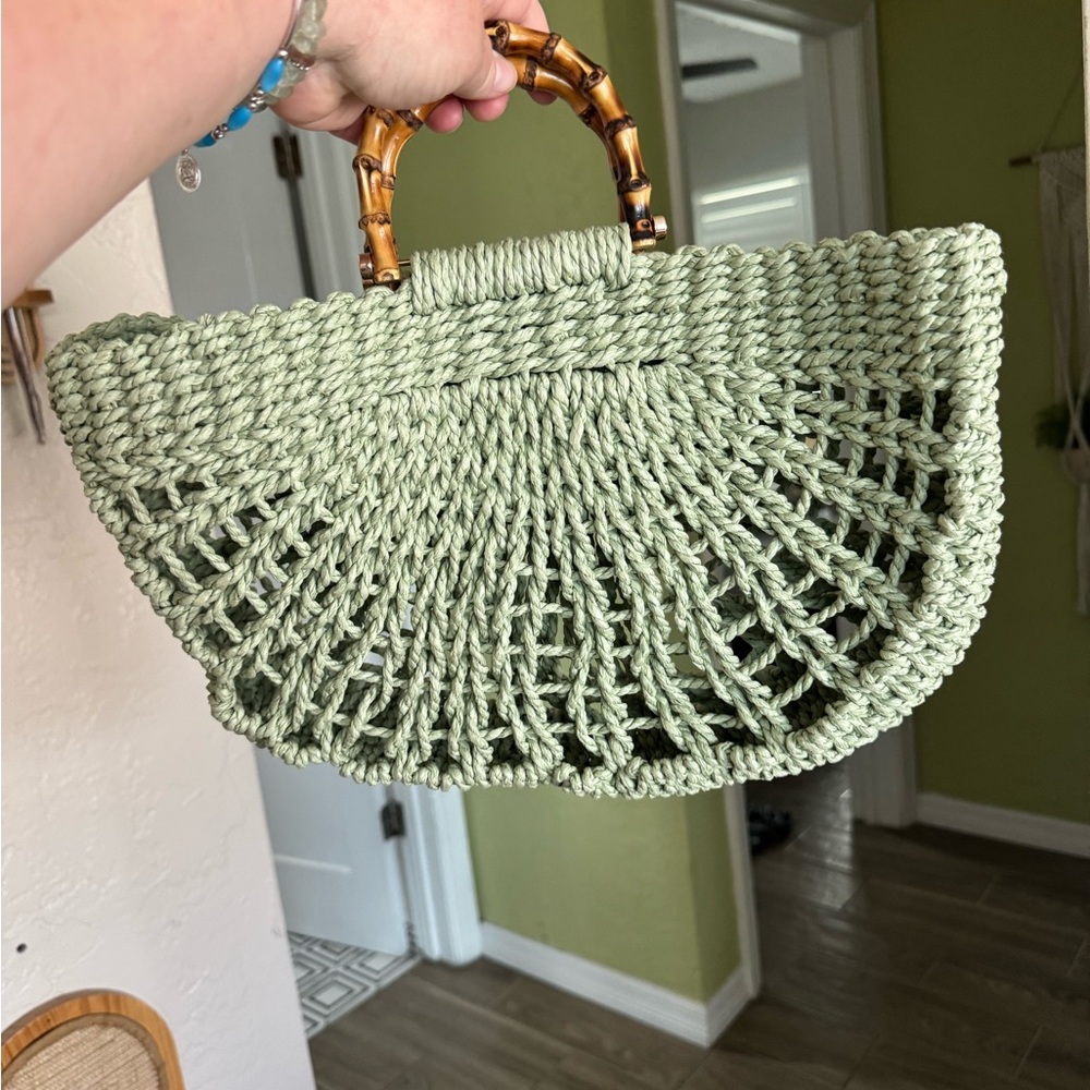 Green Woven Handbag with Bamboo Handle